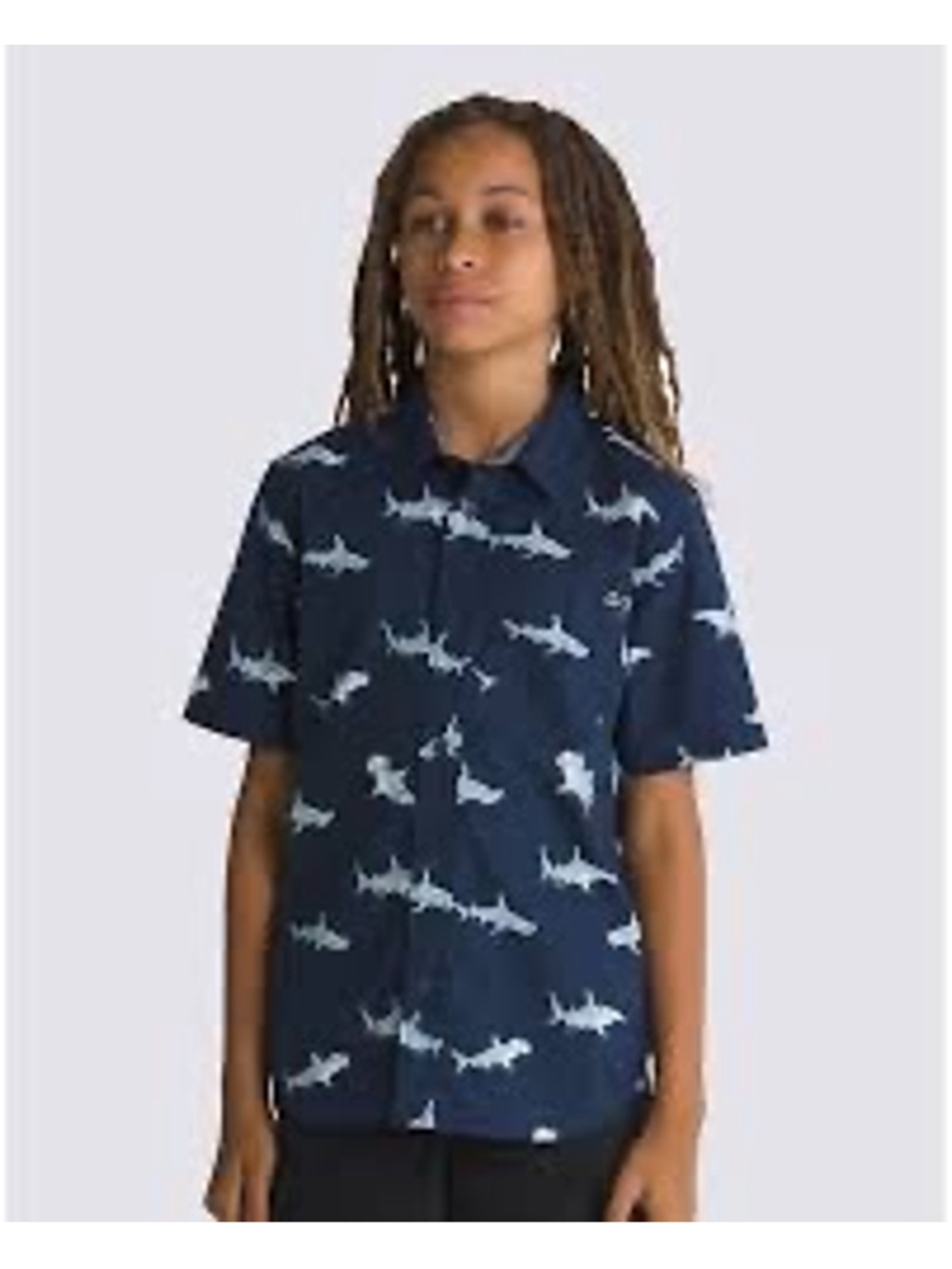 NEW VANS Boys “Dress Blues” Shark Print Button Down Shirt M Navy White